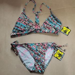 Body Glove Triangle Bikini in Gray with Pink & Blue Triangle Print